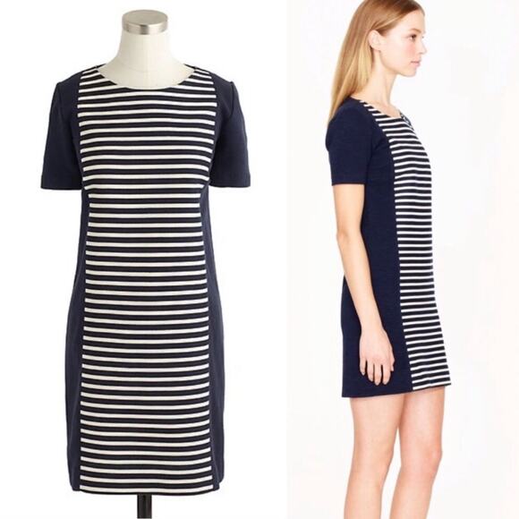 J Crew Stripe Knit Shift Dress Navy Blue Ivory Cream exposed zipper - Picture 2 of 8